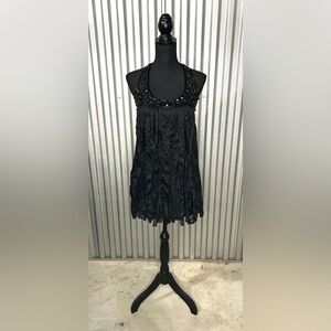Women’s Bebe NWT Black Polyester Solid Frayed Ribbon Sleeveless Mini Dress Small